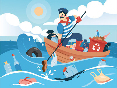 水手在海上收集垃圾和塑料。解决海洋垃圾和塑料的方法。海洋中的塑料污染。