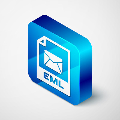 等距EML文件文档图标。下载eml按钮图标隔离在白色背景。EML文件的象征。蓝色方块按钮。矢量图
