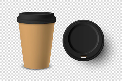 向量3d现实棕色一次性关闭和打开的纸，塑料咖啡杯的饮料与黑色盖设置特写孤立在透明的背景。设计模板模型