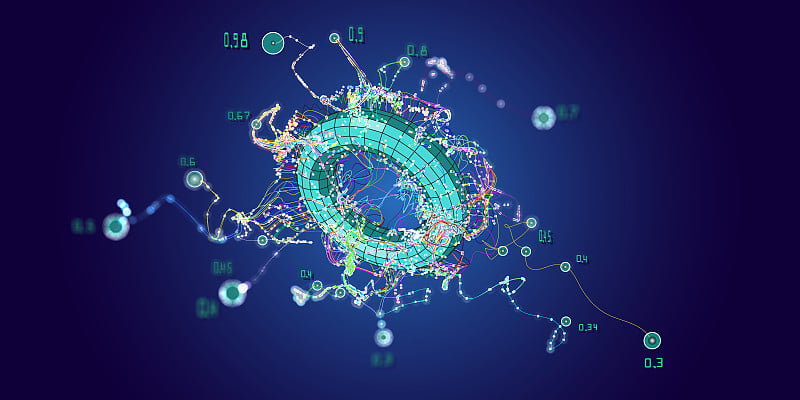 用混沌线连接环面点的抽象背景。数据分析算法。量子密码学的概念。商业，科技的旗帜。大数据。