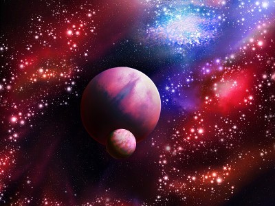 宇宙中有星云和星星。类地系外行星，美丽的外星世界。