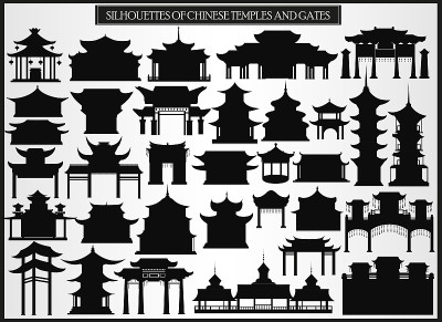 一组剪影的中国建筑，大门和传统建筑