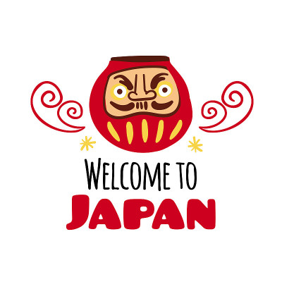 日本股票矢量手绘插图。为日本旅游广告概念，印制贺卡。可爱的卡通风格亚洲插图:日本象征-达摩娃娃和文字