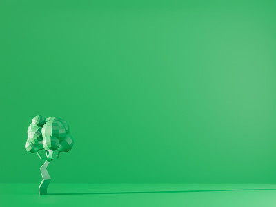 绿色的树在绿色的背景上的3d渲染。黑白生态学概念照片