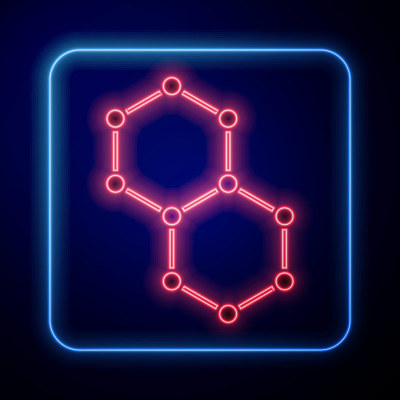 发光的霓虹灯化学公式图标孤立在蓝色背景。摘要六边形用于创新医药、健康、科研。向量