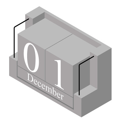 December 1st date on a single day calendar. Gray w