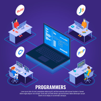Programming isometric web banner vector template. 