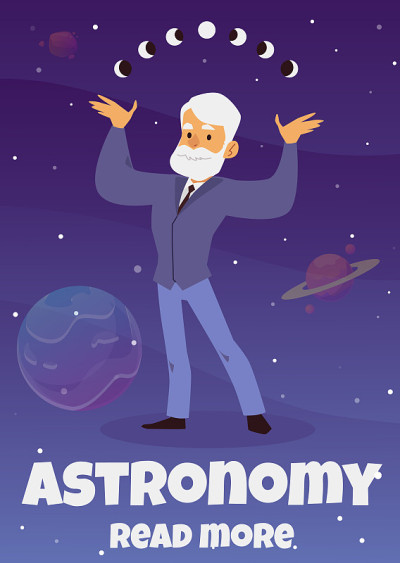 宇宙背景上的科学家天文学卡片，平面矢量插图。