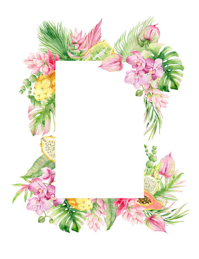 水彩画框架热带水果，花和棕榈叶。
