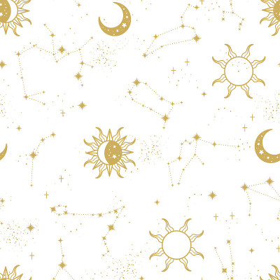 时尚的星象无缝图案，十二生肖背景手绘，星星，月亮，空间，非常适合纺织品，壁纸，表面矢量设计