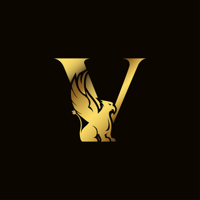 狮鹫剪影内金字v纹章象征远古神话或幻想中的野兽。创意设计元素的标志类型，徽章，字母，图标或象征的公司