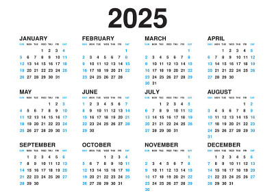 日历2025模板矢量，简单的最小设计，计划2025年，墙壁日历2025年，星期开始星期一，一套12日
