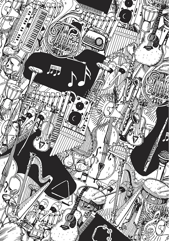 收藏乐器。手绘插图涂鸦风格。