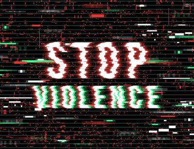 停止暴力碑文在扭曲的glitch风格的黑色背景。
