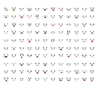 Set of cartoon kawaii faces, different emotions.
