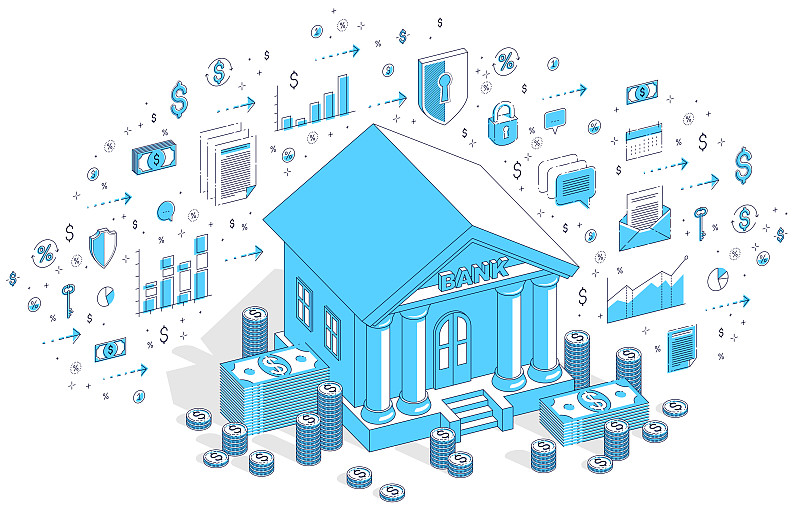 银行大楼内有现金、钱、美元堆和硬币堆卡通孤立在白色背景上。矢量3d等距商业插图图标，统计图表和设计元