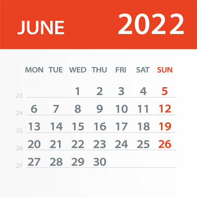 2022年6月日历叶-矢量插图。一周从周一开始