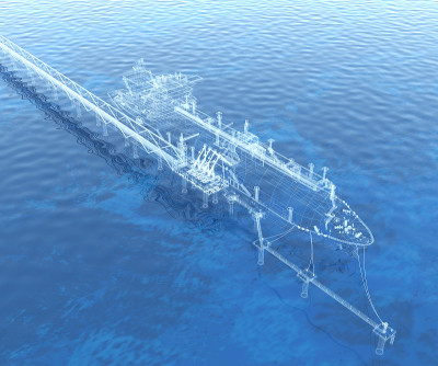 油船泊位和装载臂。3 d渲染。