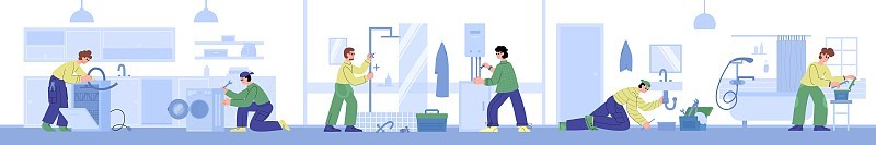 管道工人修理管道和卫生设备，平面矢量插图。