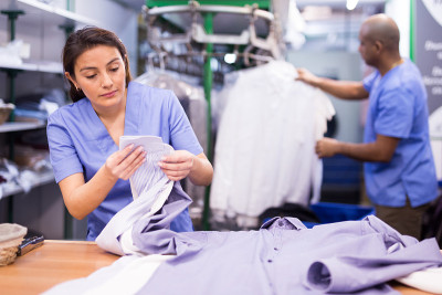女洗衣工人检查干净衣服的肖像