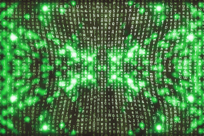 绿色矩阵数字背景。抽象的网络空间的概念。人物倒了。来自符号流的矩阵。虚拟现实设计。复杂的算法数据黑客