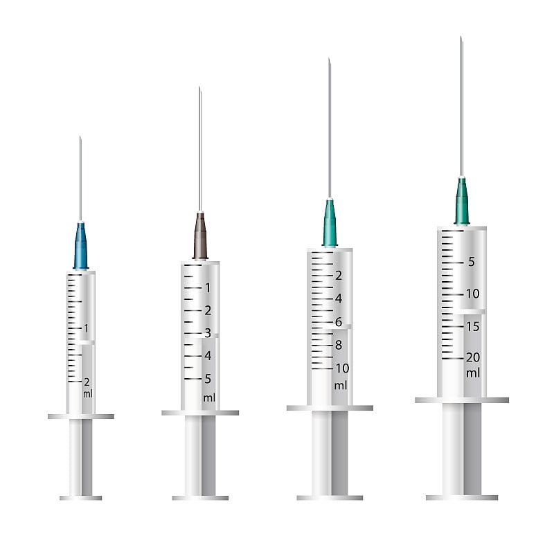 医疗注射器。一套不同尺寸的一次性塑料注射器，用于皮下和肌肉注射。向量。