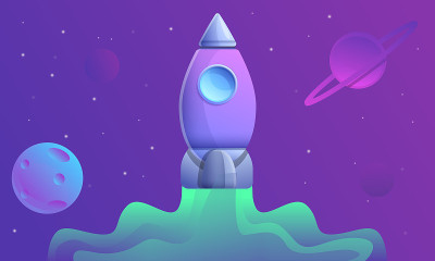 卡通宇宙飞船在太空飞行，矢量插图