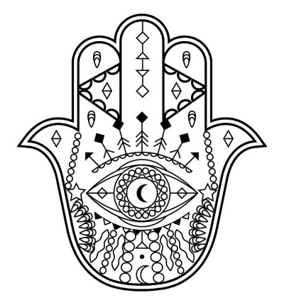 Hamsa hand vector with mystical, esoteric symbols 