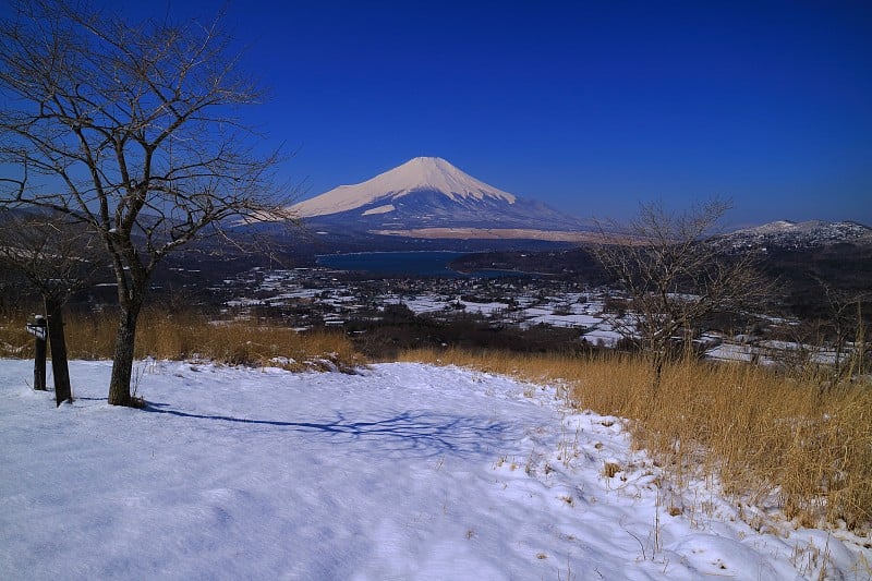 富士山高津山中湖山顶的雪景