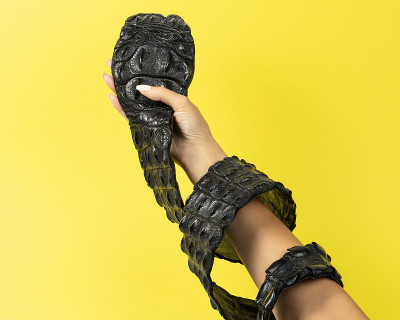 Crocodile leather belt on woman hand. Minimal fash