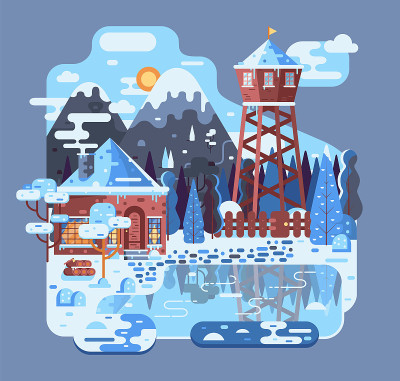 石头房子与冒烟的烟囱和木塔，杉树森林，山和湖的雪景背景-卡通矢量插图在平面风格