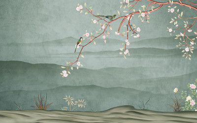 3d花卉壁画壁纸与浅简单的背景。花、草、鸟、山的枝干。
现代艺术墙壁家庭装饰