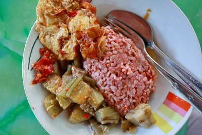 传统的爪哇食物包括红米饭、茄子和鸡蛋