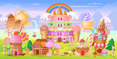 Ð¡andy city with cake castle, houses cakes, ice cr