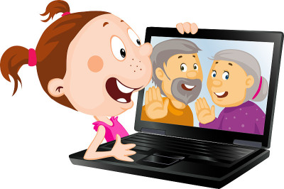 女孩与笔记本电脑Skype与她的老祖父母-卡通矢量插图孤立在白色