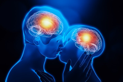男人和女人接吻身体化学。大脑边缘系统的大脑活动。爱，情感，互动，伙伴关系，神经科学，心理学，科学概念