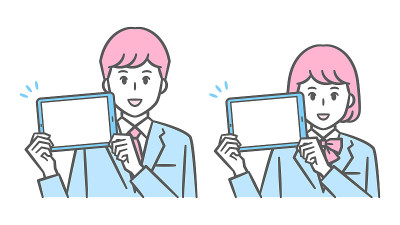 插图运动制服的初高中学生男女展示平板电脑