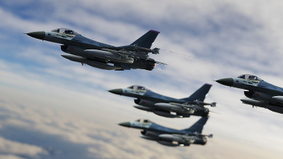 F-16战斗机一起在云上飞行四指编队3d渲染