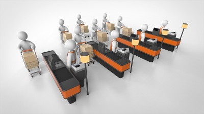 超市的收银机和购物车的另一边3d渲染