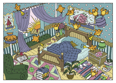顽皮的小鸟和熟睡的熊的彩色插图