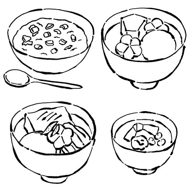 日本水墨画风格的年菜。矢量插图米饭粥与七药草和祝福茶。