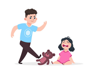 哥哥和妹妹。家庭暴力，男孩侵犯女孩。孤立的小婴儿哭，愤怒的家伙踢玩具矢量插图