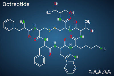 Octreotide分子。它是八肽，合成生长抑素类似物，生长激素抑制剂，胰高血糖素，胰岛素。结构化学