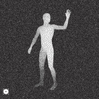人站起来了。3D模型的人。黑白颗粒点状设计。点画矢量插图。