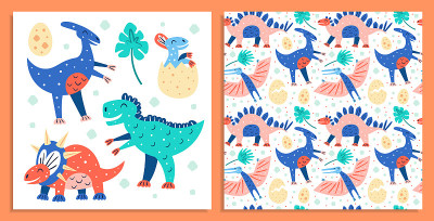 一组可爱的小恐龙。三角龙、霸王龙、Parasaurolophus。