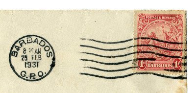 巴巴多斯- 1931年2月25日:历史邮票:海神尼普顿的形象，英国国王骑着三叉戟和海马在海上，用黑色