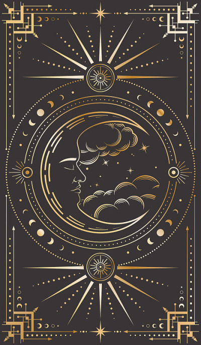 向量神秘新月与一个睡眠的脸，云和星星在黑色的背景。塔罗牌封面与金色的月亮和华丽的框架在复古风格。象雕