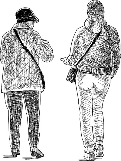 城市妇女走路和说话的素描