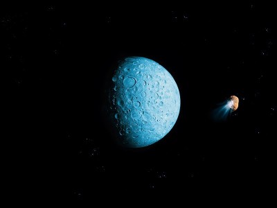 太空中有陨石坑、小行星和彗星的蓝色行星