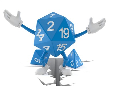 RPG骰子角色站在龟裂的地面上